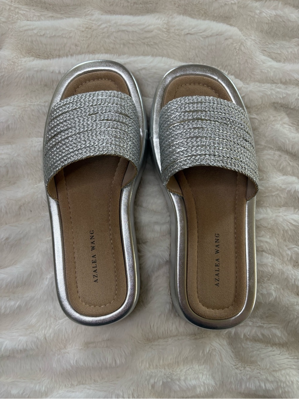 Azalea Wang Silver Slide Sandals - Braided Metallic Upper